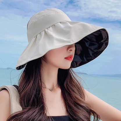 Sun Visor Hat for Women UPF 50+ Wide Brim Packable Ponytail Hat Shapeable UV Protection Shell Hat Roll-up Foldable Sun Hat - color: Beige