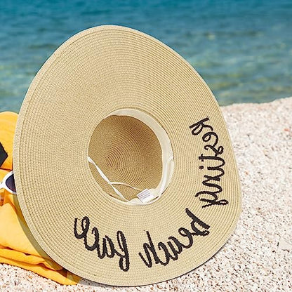 DRESHOW Big Straw Sun Hats for Women Floppy Foldable Roll up Beach Cap Sun Hat UPF 50+ Vacation Honeymoon Embroidered Hat - color: Z Resting Beach Face: Beige