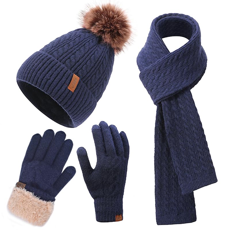 Winter Hat Scarf Gloves Set for Women, Classic Cable Beanie with Removable Pom Pom Long Scarf Touchscreen Gloves 3 in 1 Set - color: Navy Blue