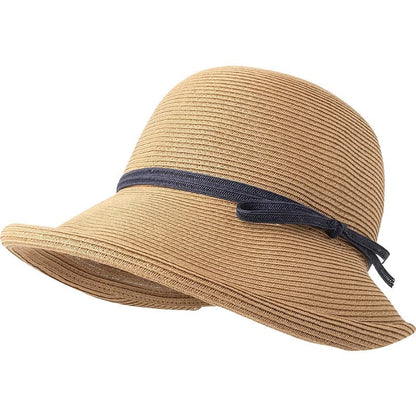 Women's Straw Bucket Sun Hat, Packable Floppy Wide Brim Beach Hat - color: Khaki B