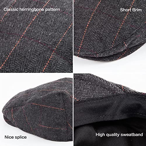 Herringbone Flat Ivy Newsboy Cap for Men 1920s Wool Blend Tweed Cabbie Hat - color: 001 Plaid Black, size: Small-Medium