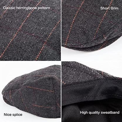 Herringbone Flat Ivy Newsboy Cap for Men 1920s Wool Blend Tweed Cabbie Hat - color: 001 Plaid Black, size: X-Large-XX-Large