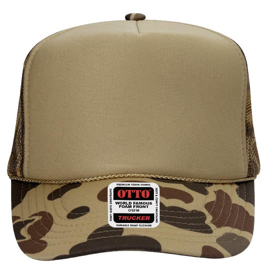 Otto Cap 5-Panel High Crown Mesh Back Trucker Hat - color: Camo/Light Loden Front