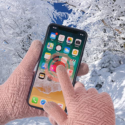 3 Pcs Women Winter Knit Beanie Hat Scarf Touchscreen Gloves Set Warm Soft Thick Fleece Lined Skull Cap with Double Pom Pom - color: Pink