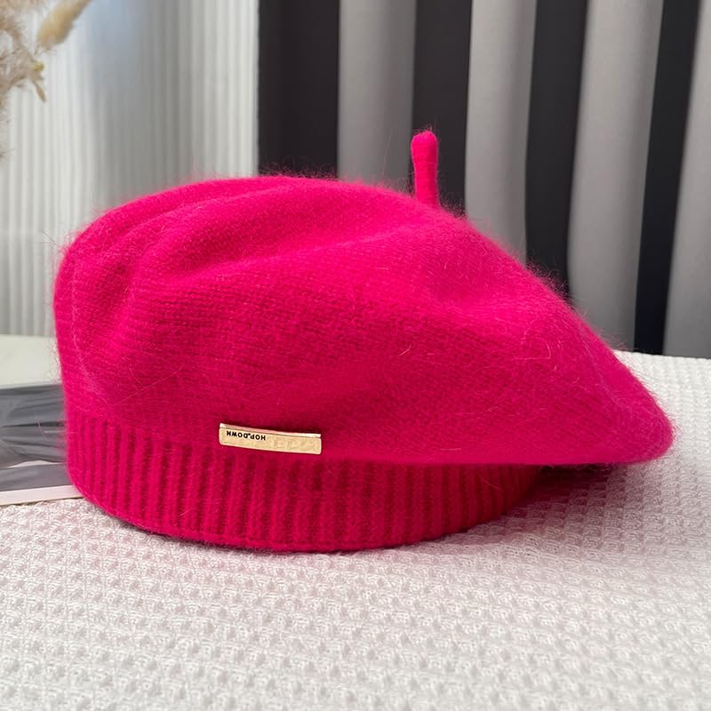 Yanmucy Beret Hat Women Girl, Fluffy Knitted French Beret Warm Classic Beanie Hats Cap for Ladies Men Winter Autumn - color: Red