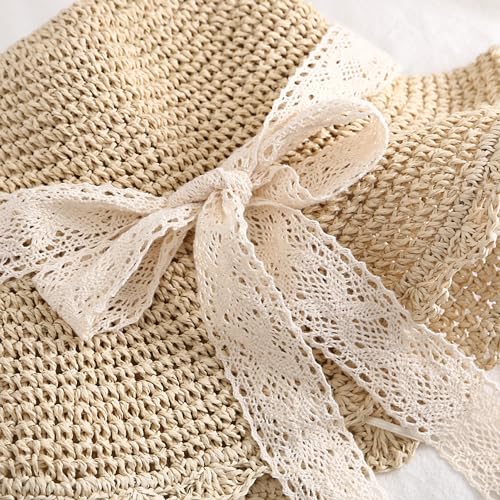 Summer Beach Sun Straw Hats for Women Wide Brim Packable Travel Bucket Hats UPF 50+ - color: Beige