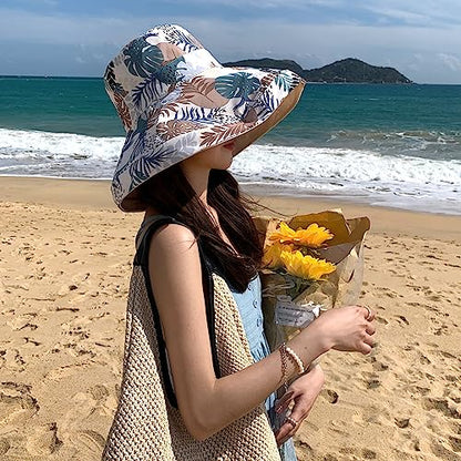 HUAMULAN Women Summer Vacation Wide Brim Sun Hat Reversible Fishing Hats - color: Beige