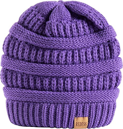 REDESS Slouchy Beanie Hat for Men and Women Winter Warm Knit Hat Chunky Soft Oversized Cable Cap - color: Light Purple