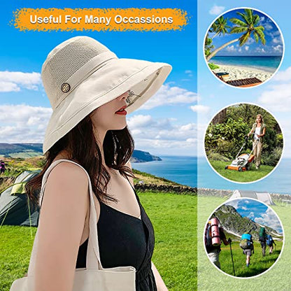Women Wide Brim Sun Hats Metal Wired Edge Summer UV Protection Beach Fishing Hat for Hiking Garden Travel Chin Strap - color: A1-m9163-beige, size: One Size