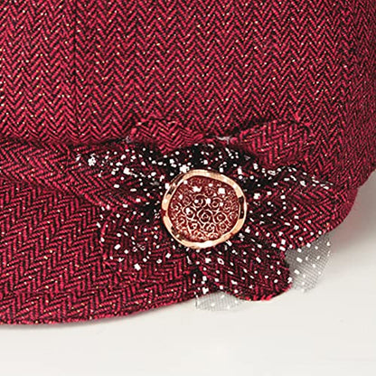 Women Retro Classic Visor Newsboy Cabbie Cap Beret Hats with Flower Buckle for Woman Ladies - color: 1red