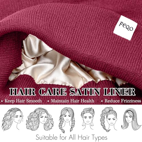 FEQO 4 Pack Satin Lined Winter Beanie Hats Soft Silk Lined Beanies - color: Black, Yellow, Olive Green, Hot Pink