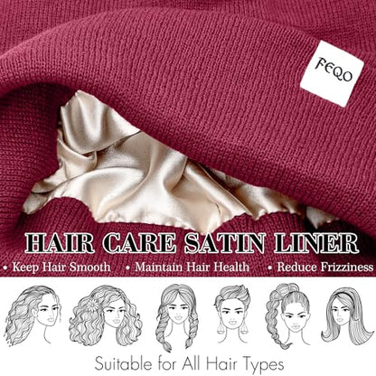 FEQO 4 Pack Satin Lined Winter Beanie Hats Soft Silk Lined Beanies - color: Black, Yellow, Olive Green, Hot Pink