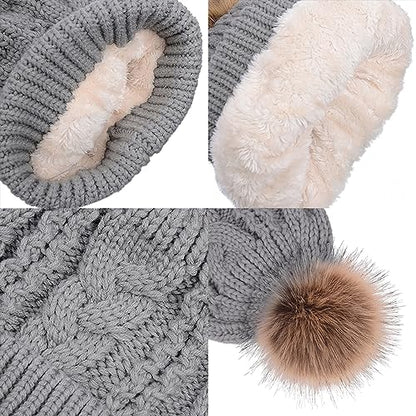 TOPTIE Slouchy Knit Beanie Hat for Women Faux Fur Pom Pom Fleece Lined - color: White