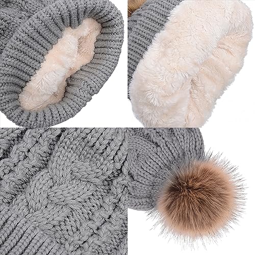 TOPTIE Slouchy Knit Beanie Hat for Women Faux Fur Pom Pom Fleece Lined - color: Maroon