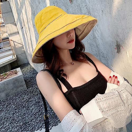 Women Wide Brim Sun Hats Metal Wired Edge Summer UV Protection Beach Fishing Hat for Hiking Garden Travel Chin Strap - color: Lant001-yellow, size: One Size