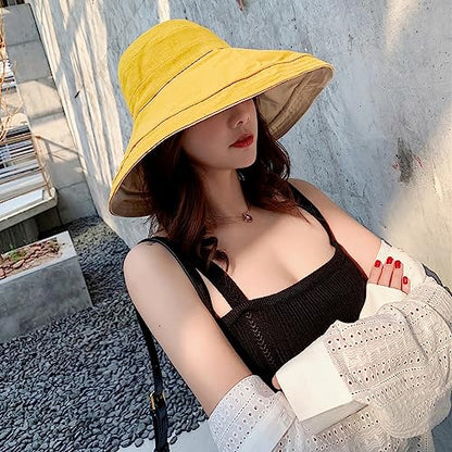 Women Wide Brim Sun Hats Metal Wired Edge Summer UV Protection Beach Fishing Hat for Hiking Garden Travel Chin Strap - color: Lant001-yellow, size: One Size