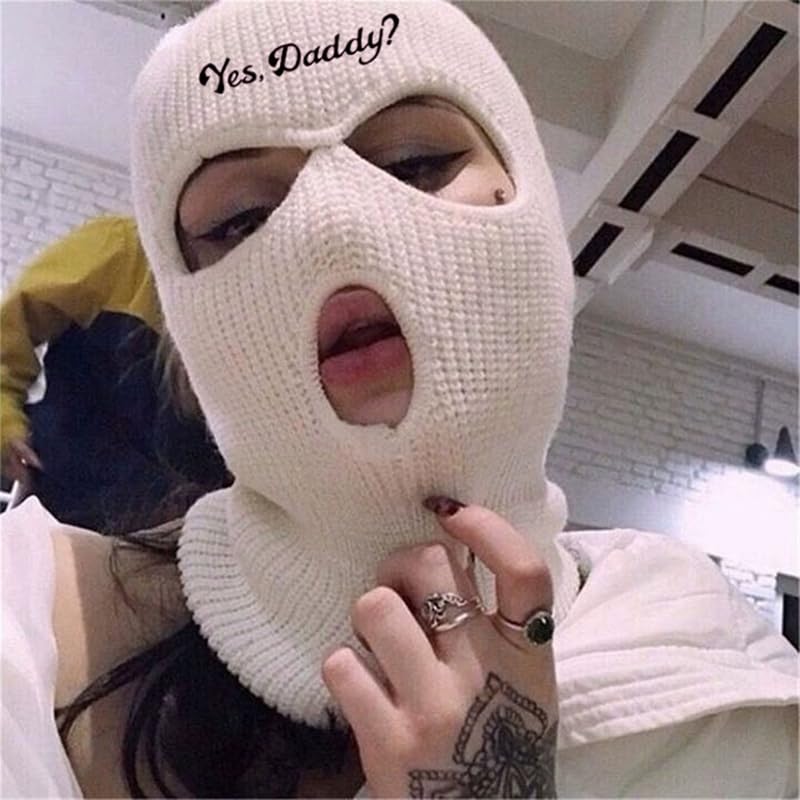 3 Hole Ski Mask, Winter Full Face Cover Knit Beanie for Women,Yes Daddy Balaclava - color: White