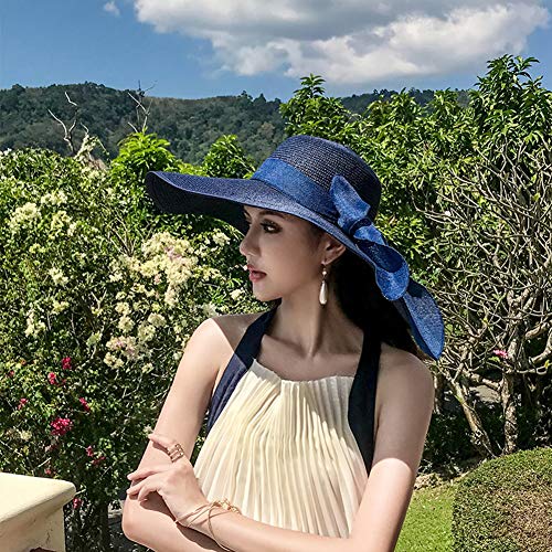 FSIGOM Women's Folable Floppy Hat,Wide Brim Sun Protection Straw Hat, Summer UV Protection Beach Cap - color: Navy, size: Large