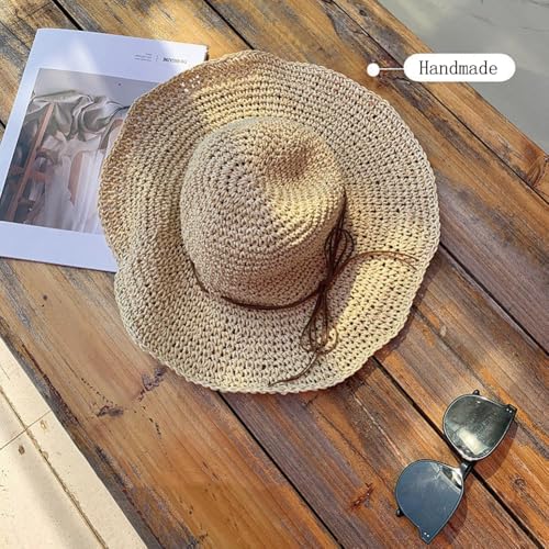 Women Straw Sun Hat Summer Beach Hats Foldable Floppy Cap Wide Brim Bucket Hat Solid Handmade Sun Protection Caps - color: Beigea