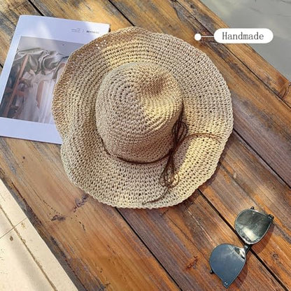 Women Straw Sun Hat Summer Beach Hats Foldable Floppy Cap Wide Brim Bucket Hat Solid Handmade Sun Protection Caps - color: Beigea