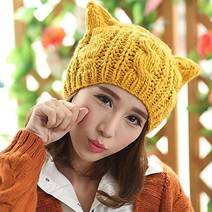 Women Winter Wool Baggy Beret Beanie Cute Devil Cat Ear Crochet Braided Knit Hat Ski Cap - color: Yellow