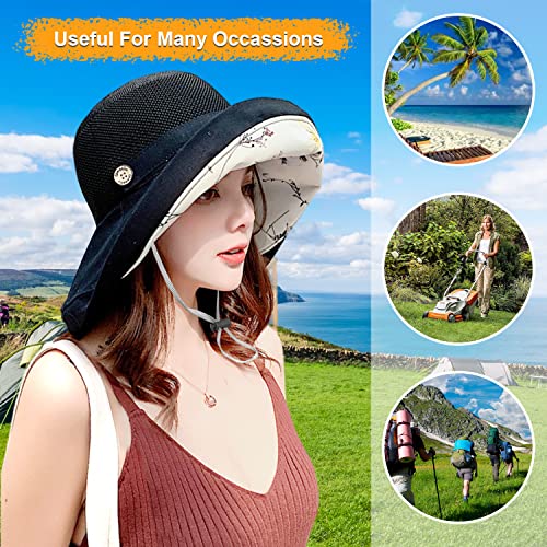 Women Wide Brim Sun Hats Metal Wired Edge Summer UV Protection Beach Fishing Hat for Hiking Garden Travel Chin Strap - color: M9163-black, size: One Size