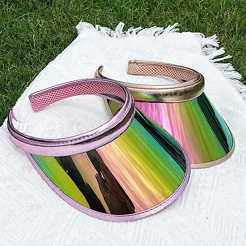 2 Pack Sun Visor Hats Women Men Clip-on Iridescent Clear Sport Outdoor Cap - color: 2pack, Gold Pink