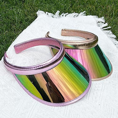 2 Pack Sun Visor Hats Women Men Clip-on Iridescent Clear Sport Outdoor Cap - color: 2pack, Gold Pink