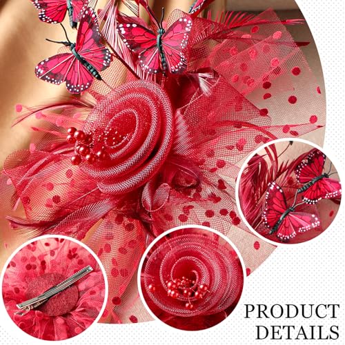 Zinniday Butterfly Derby Hat 2025 - Classic Tea Party Hats with Hair Clip, 1920s 50s Fascinators for Lady Woman - color: Red