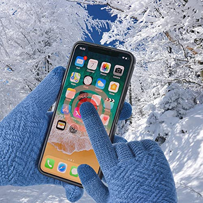 3 Pcs Women Winter Knit Beanie Hat Scarf Touchscreen Gloves Set Warm Soft Thick Fleece Lined Skull Cap with Double Pom Pom - color: Blue