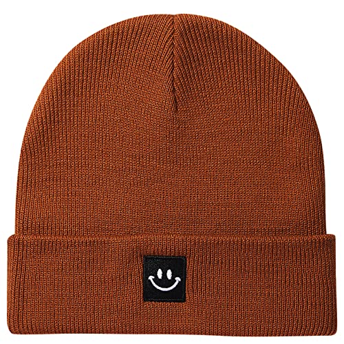 MaxNova Knit Beanie Hat with Smile Face for Men/Women - color: Caramel