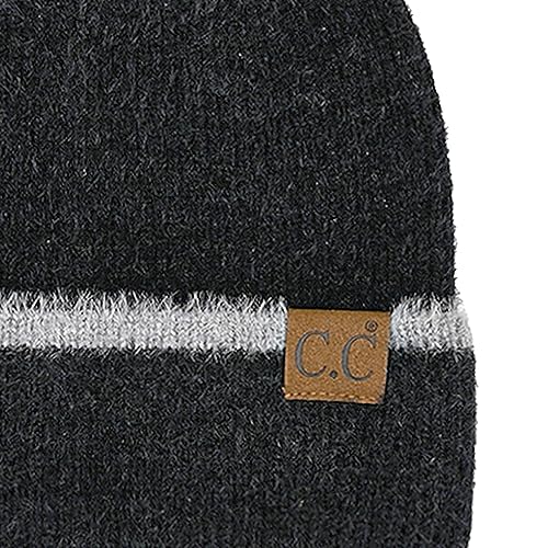 C.C Fuzzy Beanie for Women Unisex - Acrylic Stretchable Soft Warm Knit Winter Skully Hat - color: Feather Yarn-black