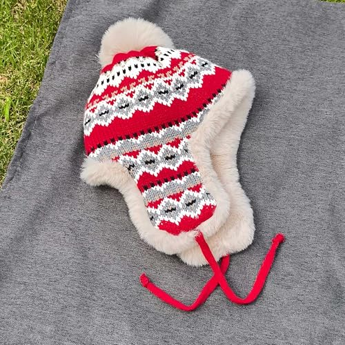 Winter Women Knit Beanie Hat Ear Flaps Trapper Hat Men Toque Warm - color: Red