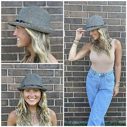 Funky Junque Short Brim Fedora Packable Sun Hat for Women - color: 2 Pack - Black & Brown Multi W/ Beaded Ropes