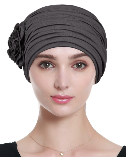 Alnorm Flower Design Chemo Hair Loss Caps Cancer Headwear for Women - color: Dark Grey