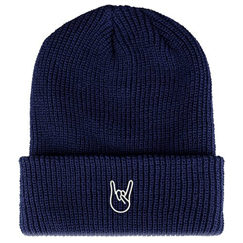 Trendy Apparel Shop Rock On Embroidered Ribbed Cuffed Knit Beanie - color: Navy