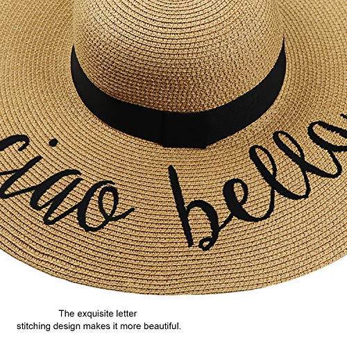 DRESHOW Big Straw Sun Hats for Women Floppy Foldable Roll up Beach Cap Sun Hat UPF 50+ Vacation Honeymoon Embroidered Hat - color: Ae Ciao Bella: Khaki