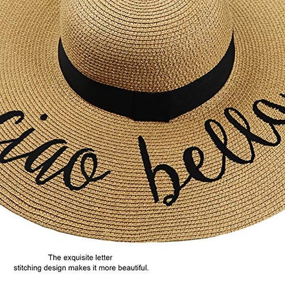 DRESHOW Big Straw Sun Hats for Women Floppy Foldable Roll up Beach Cap Sun Hat UPF 50+ Vacation Honeymoon Embroidered Hat - color: Ae Ciao Bella: Khaki