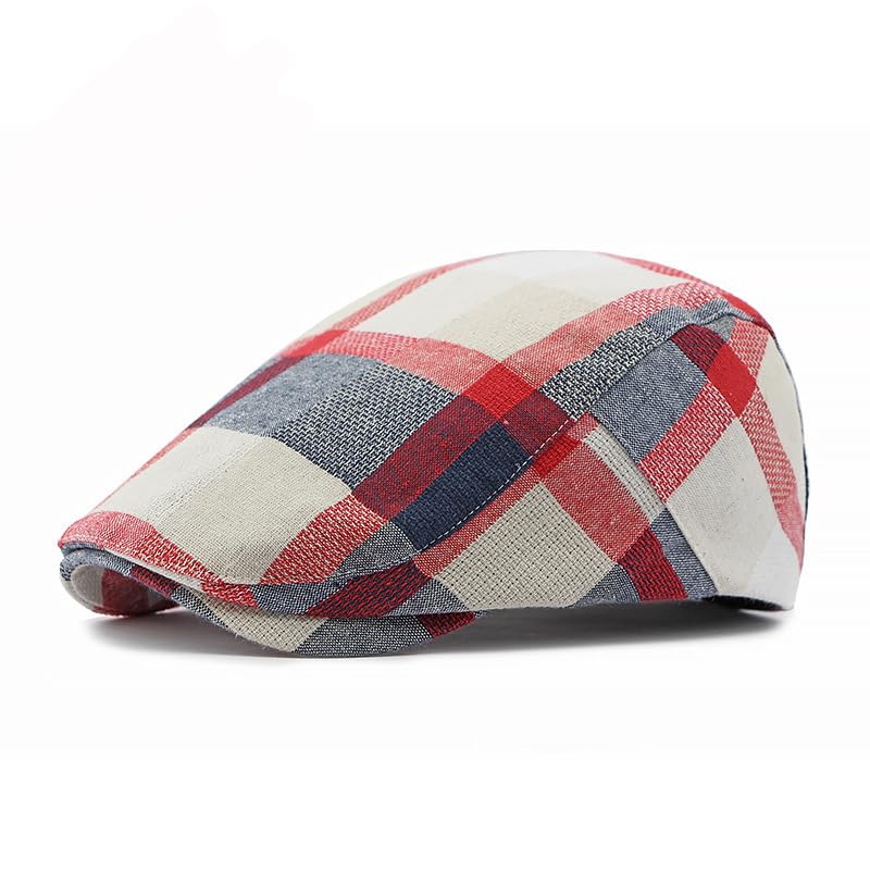 Men's Plaid Striped Newsboy Ivy Flat Driving Golf Cap - color: Redyellow