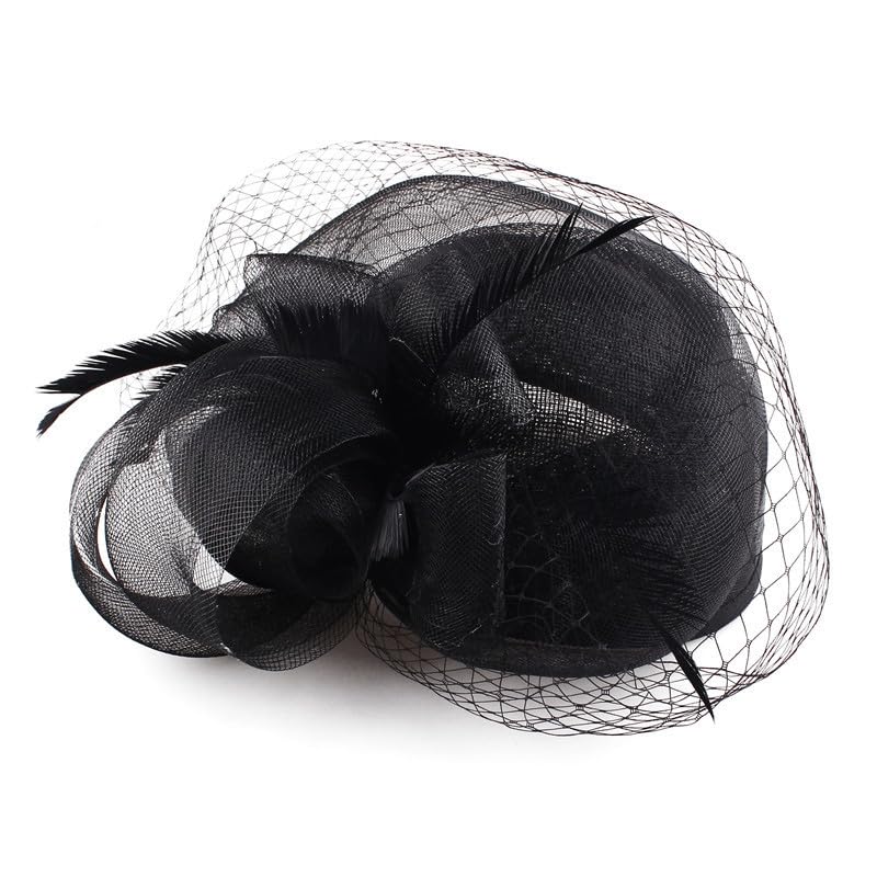 Women Sinamay Fascinator Hat Floral Feather Pillbox Derby Hats with Veil and Clips - color: Black