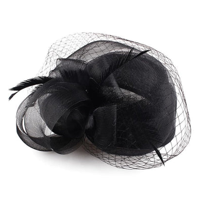 Women Sinamay Fascinator Hat Floral Feather Pillbox Derby Hats with Veil and Clips - color: Black