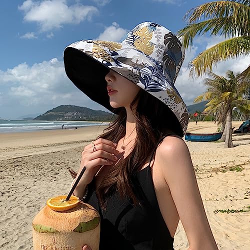 HUAMULAN Women Summer Vacation Wide Brim Sun Hat Reversible Fishing Hats - color: Navy