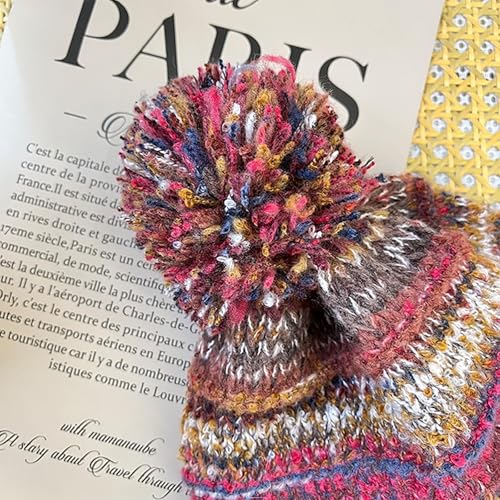 yolrdiw Women's Boho Crochet Colorful Hat Tassel Braid Winter Knit Beanie with Ear Flaps Pom Pom - color: Red