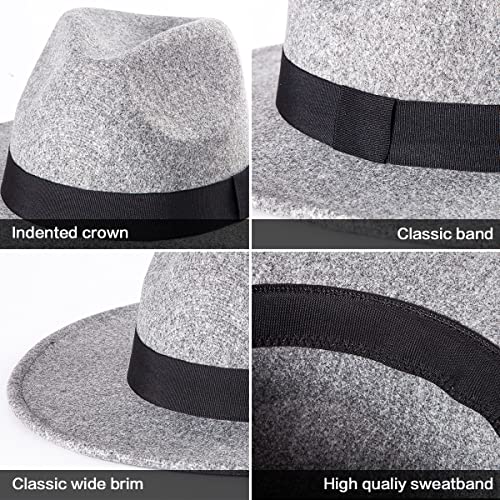 Felt Wide Brim Fedora Hats for Women Men, with Band Belt Buckle, Adjustable - color: P05 Light Grey