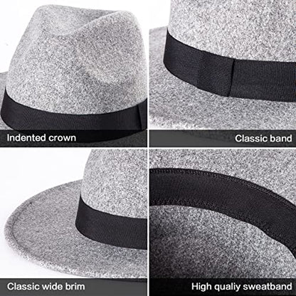 Felt Wide Brim Fedora Hats for Women Men, with Band Belt Buckle, Adjustable - color: P05 Light Grey