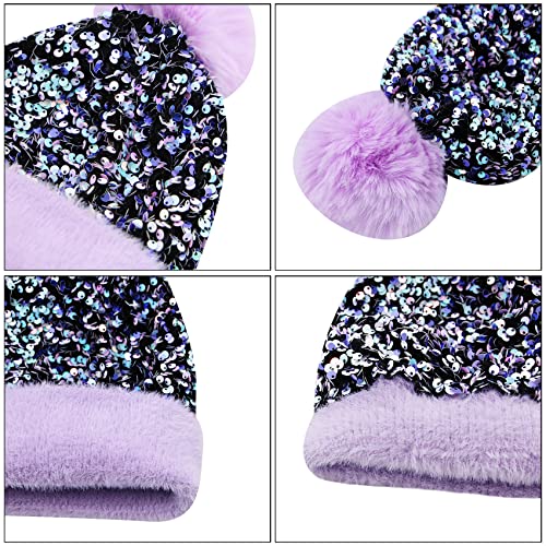 Women Girls Winter Sequin Beanie Hat with Faux Fur Pom Pom Knit Skull Cap - color: Purple