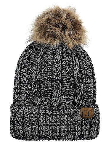 C.C Thick Cable Knit Faux Fuzzy Fur Pom Fleece Lined Skull Cap Cuff Beanie - color: Black/Gray Mix