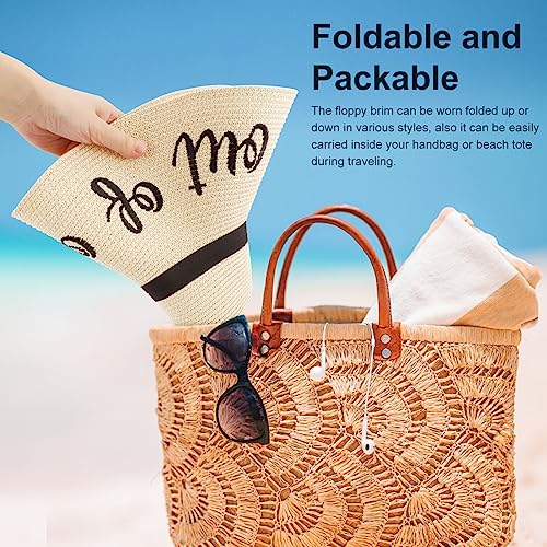 DRESHOW Big Straw Sun Hats for Women Floppy Foldable Roll up Beach Cap Sun Hat UPF 50+ Vacation Honeymoon Embroidered Hat - color: Ae Out of Office: Beige