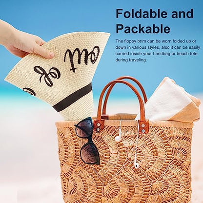 DRESHOW Big Straw Sun Hats for Women Floppy Foldable Roll up Beach Cap Sun Hat UPF 50+ Vacation Honeymoon Embroidered Hat - color: Ae Out of Office: Beige