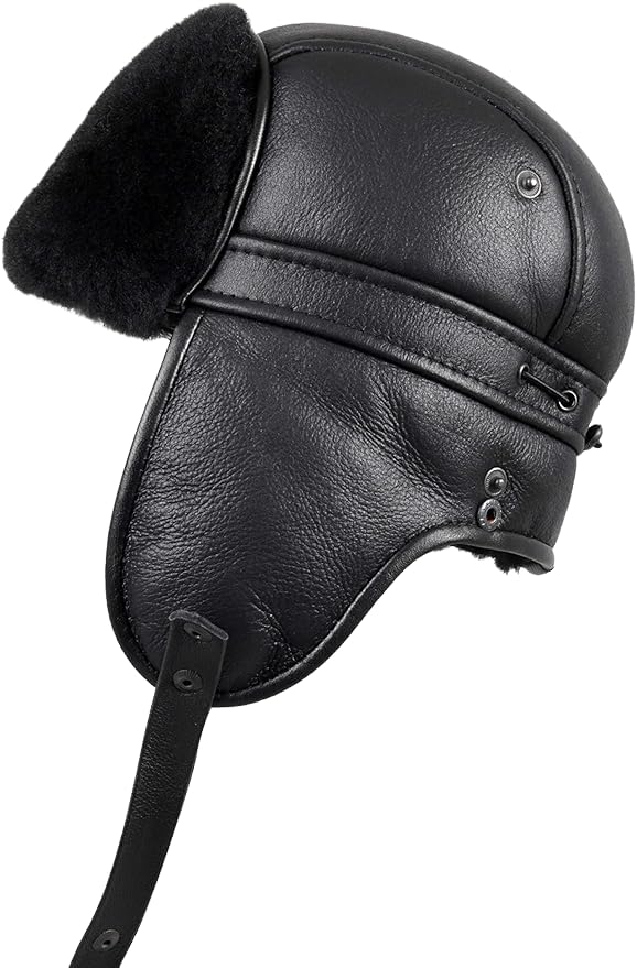 Unisex Shearling Sheepskin Aviator Russian Ushanka with Snap Hat Medium Solid Black
